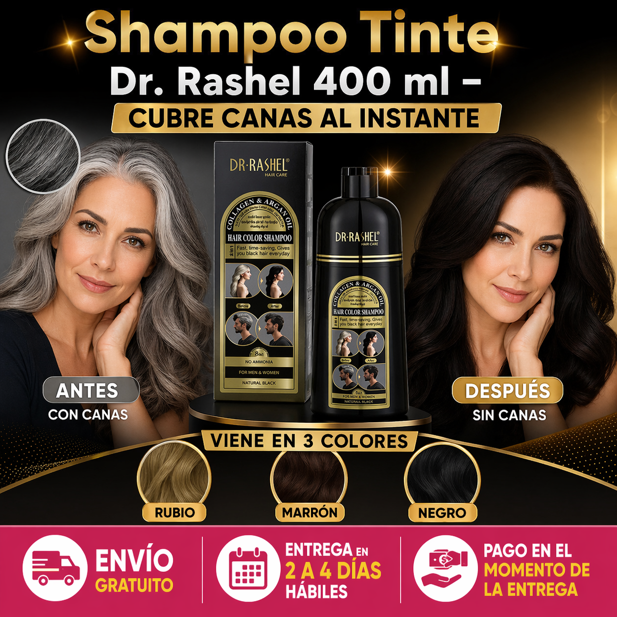 Shampoo Tinte Dr. Rashel 400 ml – Cubre Canas al Instante